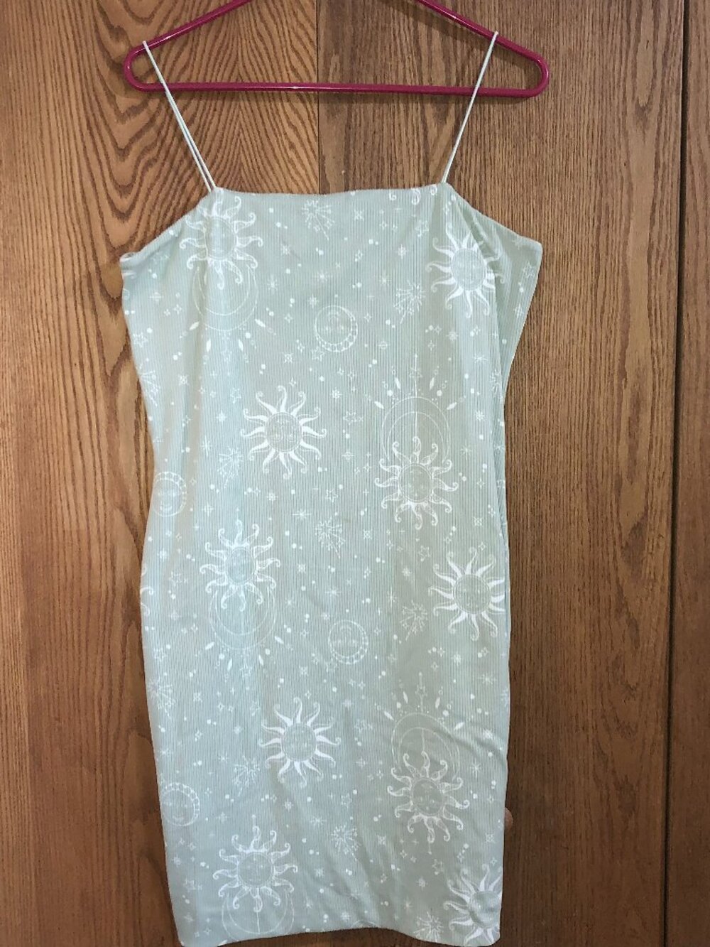 Sage Green XL Celestial Bodycon Dress Sun Moon Stars Ribbed Boho Astrology